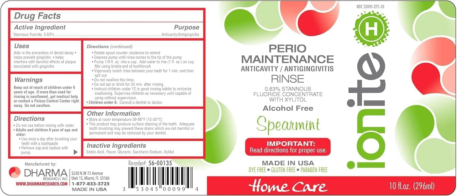 Ionite-H Home Care 0.63% Stannous Fluoride Perio Maintenance Rinse Mouthwash - with Mixing Cup/Shaker and Dispensing Pump (10 Fl oz, Spearmint)