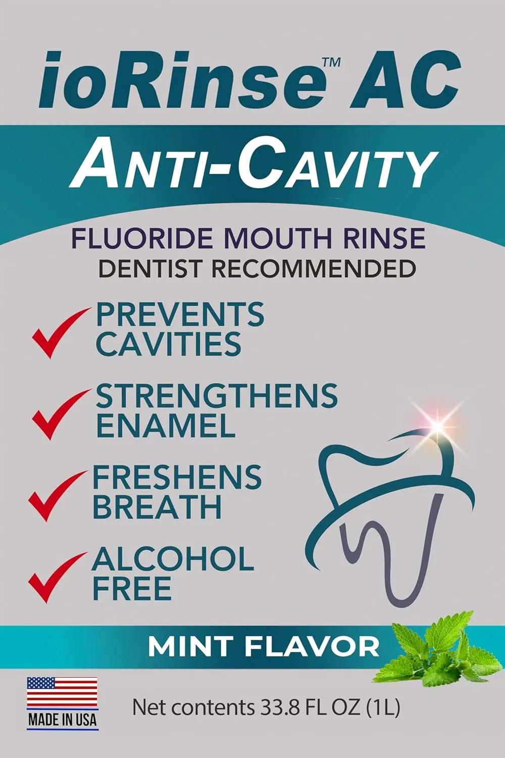 ioRinse AC Anticavity Fluoride Mouthwash - Alcohol-Free Molecular Iodine Mouth Wash Fights Tooth Decay & Protects Enamel - Safe Mint Rinse for Sensitive Mouths - Potent Bad Breath Protection
