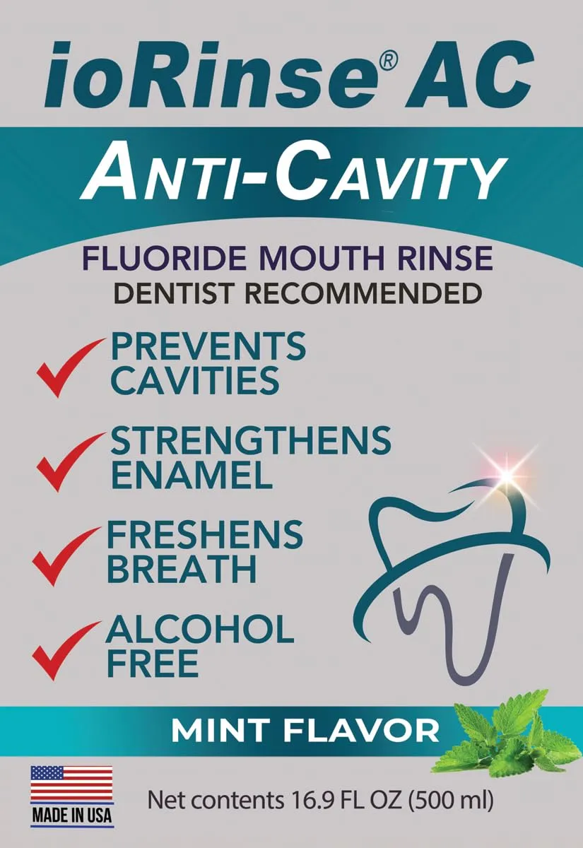 ioRinse AC Anticavity Fluoride Mouthwash - Alcohol-Free Molecular Iodine Mouth Wash Fights Tooth Decay & Protects Enamel - Safe Mint Rinse for Sensitive Mouths - Potent Bad Breath Protection