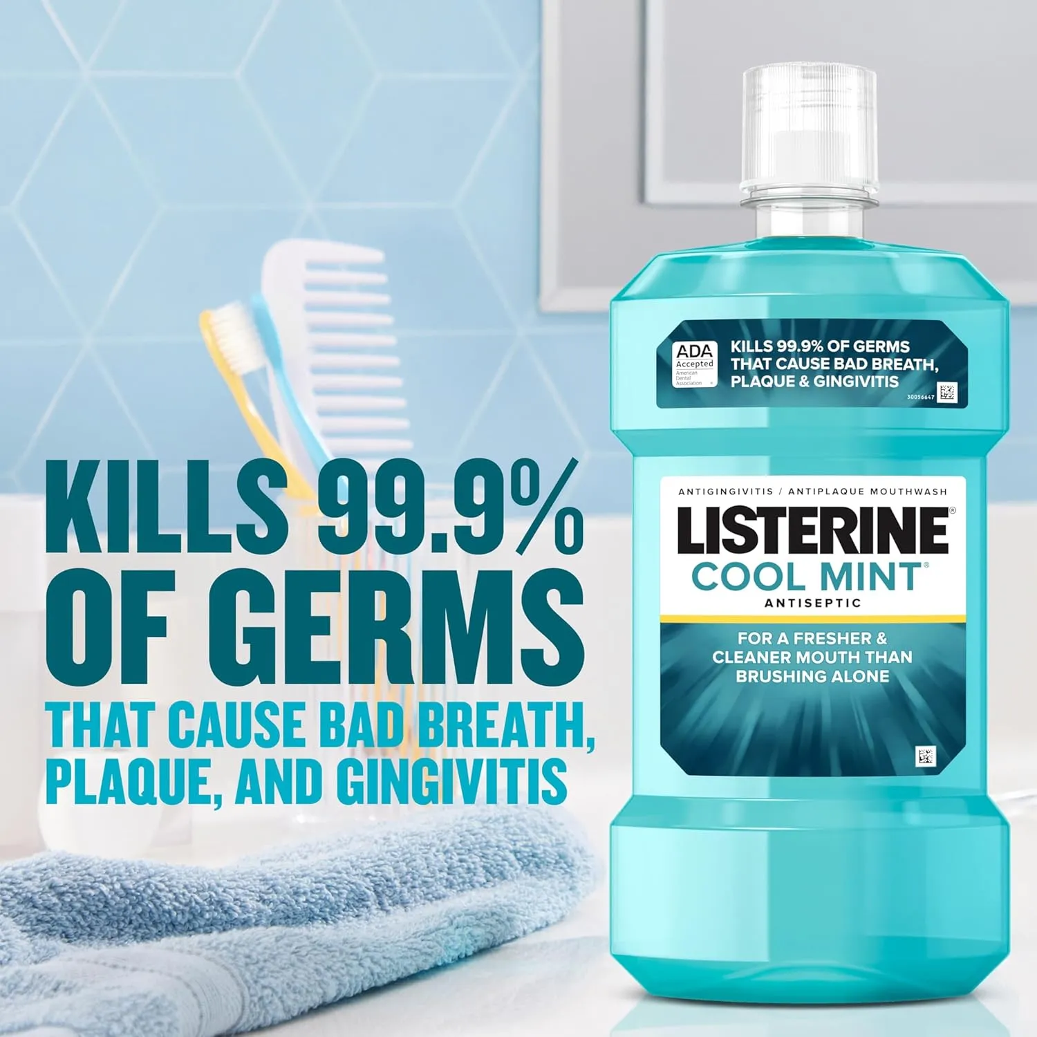 Listerine Cool Mint Antiseptic Mouthwash to Kill 99% of Germs That Cause Bad Breath, Plaque and Gingivitis, Cool Mint Flavor, 1 L 2-Pack
