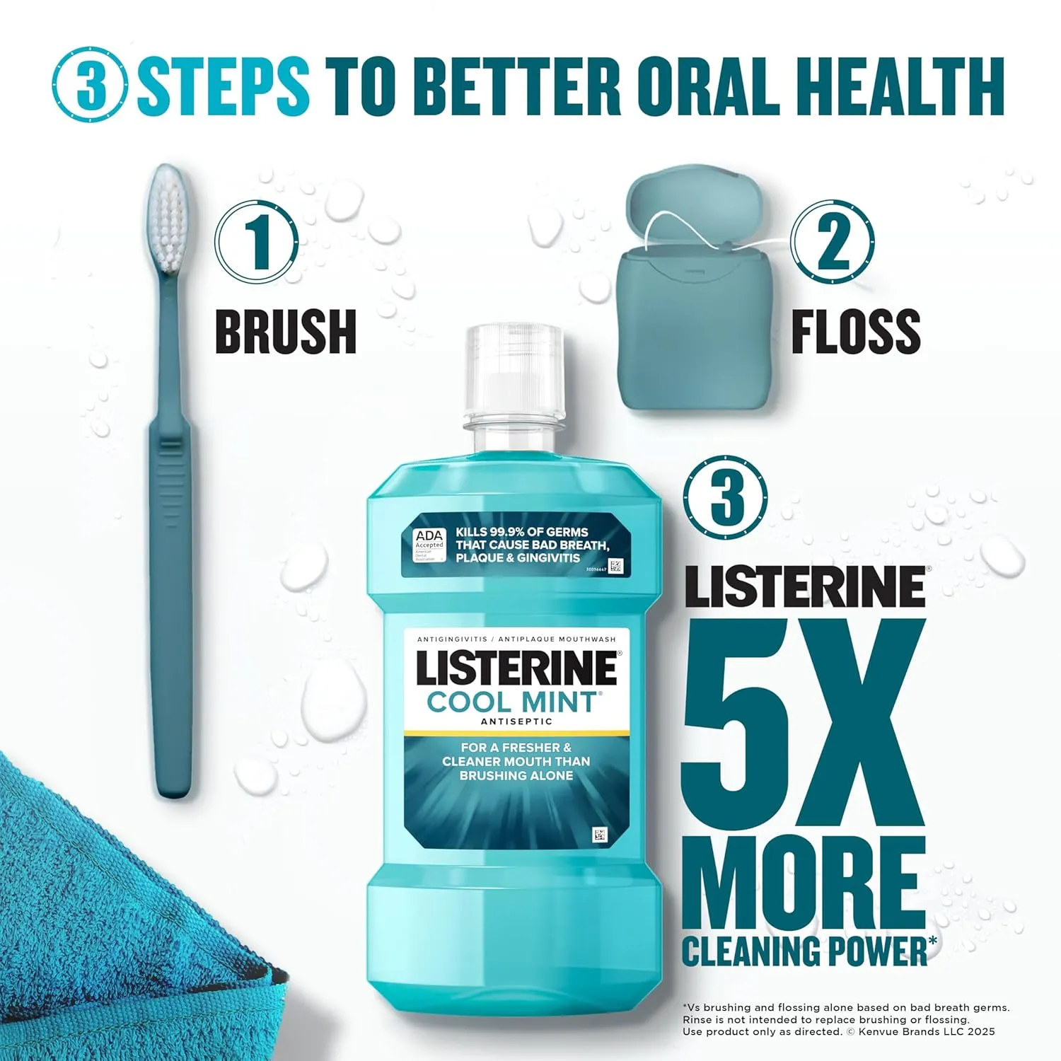 Listerine Cool Mint Antiseptic Mouthwash to Kill 99% of Germs That Cause Bad Breath, Plaque and Gingivitis, Cool Mint Flavor, 1 L 2-Pack