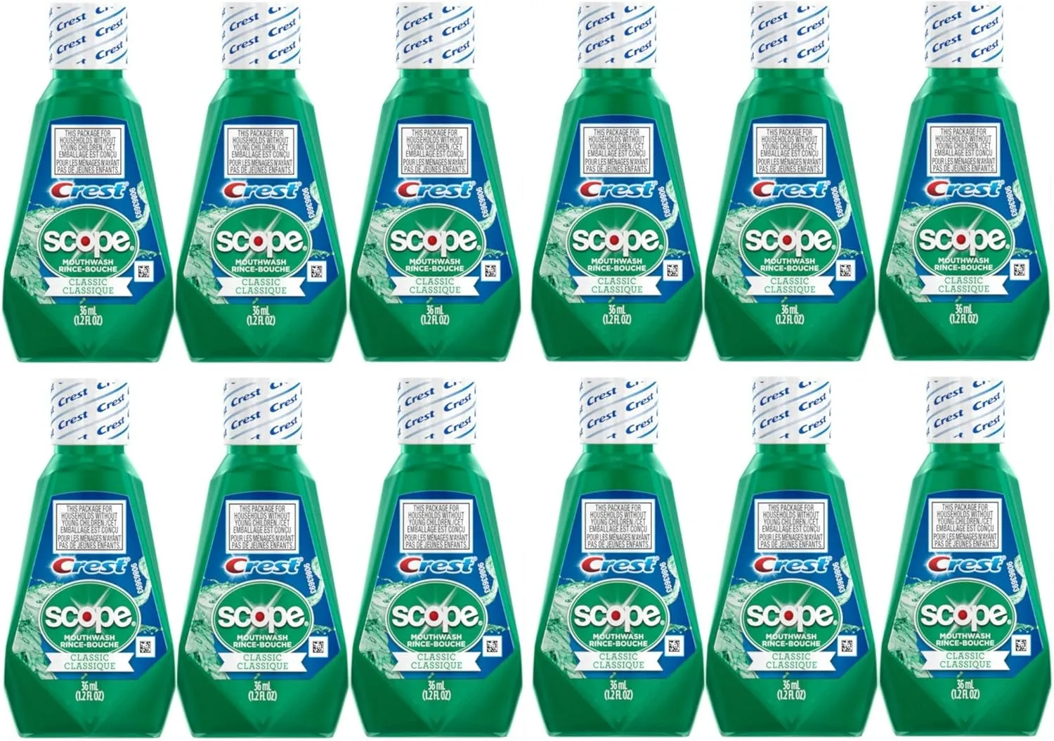 Listerine Crest Scope Mouthwash, Classic Mouth Rinse, Travel Size 1.2 Ounces (36ml) - Pack of 12