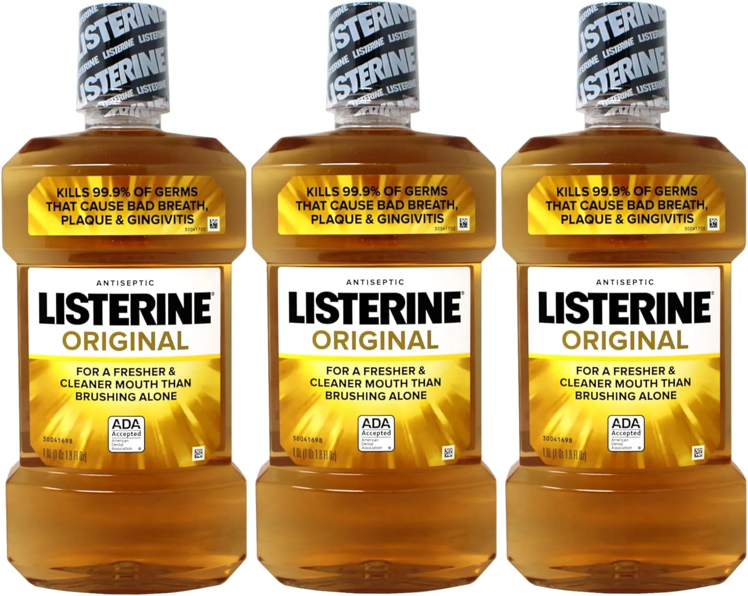 Listerine Original Antiseptic Mouthwash, Kills 99.9% of Germs That Cause Bad Breath, Plaque & Gingivitis, Fresher & Cleaner Mouth Than Just Brushing Alone, 1 Liter (Pack of 3)