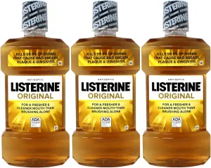 Listerine Original Antiseptic Mouthwash, Kills 99.9% of Germs That Cause Bad Breath, Plaque & Gingivitis, Fresher & Cleaner Mouth Than Just Brushing Alone, 1 Liter (Pack of 3)