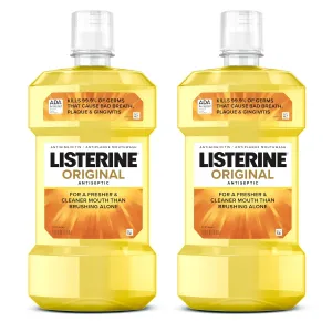 Listerine Original Antiseptic Oral Care Mouthwash to Kill 99% of Germs That Cause Bad Breath, Plaque and Gingivitis, ADA-Accepted Mouthwash, Original Flavored Oral Rinse, Twin Pack, 2 x 1 L