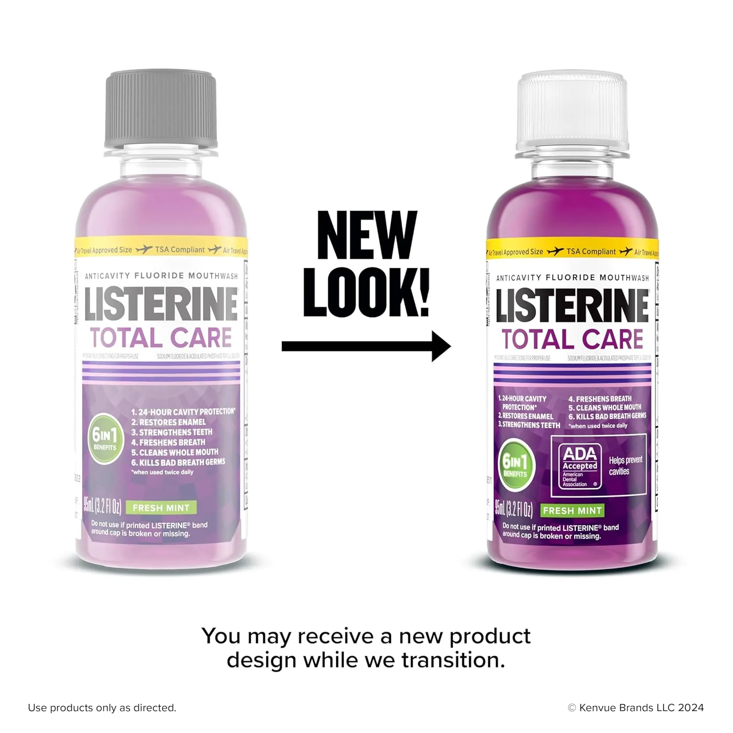 Listerine Total Care Anticavity Fluoride Mouthwash for Bad Breath, Fresh Mint, 3.2 Fl oz, Pack of 12