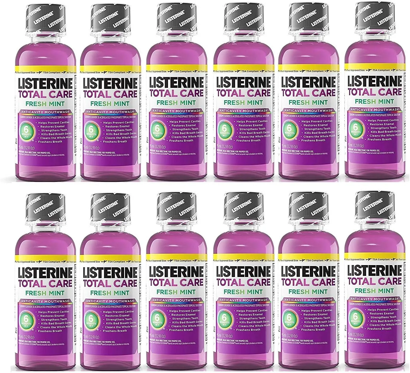 Listerine Total Care Fresh Mint Antiseptic Mouthwash, Travel Size 3.2 Ounces (95ml) - Pack of 12