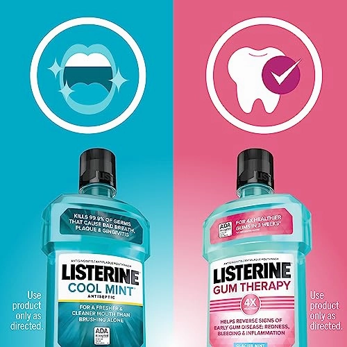 Listerine Cool Mint Antiseptic Mouthwash to Kill 99% of Bad Breath Germs and Gum Therapy Mouthwash in Glacier Mint to Help Reverse Signs of Early Gingivitis, Convenience Pack, 2 x 1 L