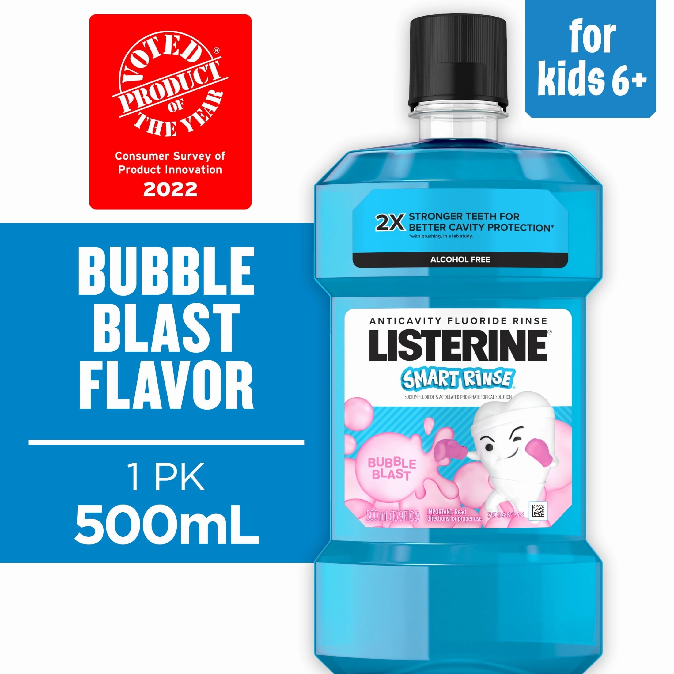 Listerine Smart Rinse Kids Anticavity Alcohol Free Mouthwash, Bubble Blast, 500 mL