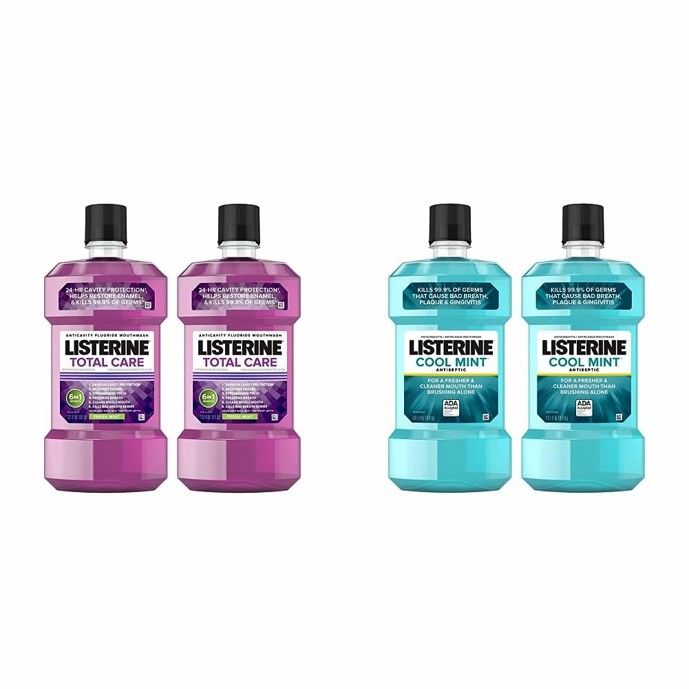 Listerine Total Care Anticavity Fluoride Mouthwash, 1 L, Pack of 2 & Mouthwash, Antiseptic, Antibacterial, Bad Breath Treatment, Plaque & Gingivitis Protection, 1 L (Pack of 2)