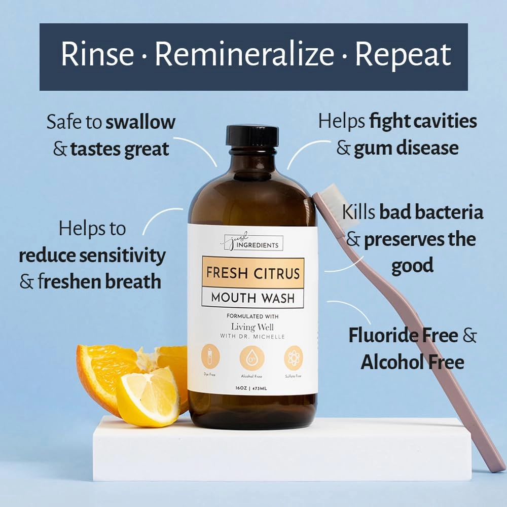 Living Well with Dr. Michelle Fresh Citrus Remineralizing Mouthwash | Hydroxyapatite & Colloidal Silver Formula | Alcohol-Free, Natural & Organic | Fluoride-Free Mouth Rinse