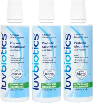 Luv Biotics Fluoride Free Mouthwash with Oral Probiotics, Xylitol & Aloe Vera -3 x 500ml
