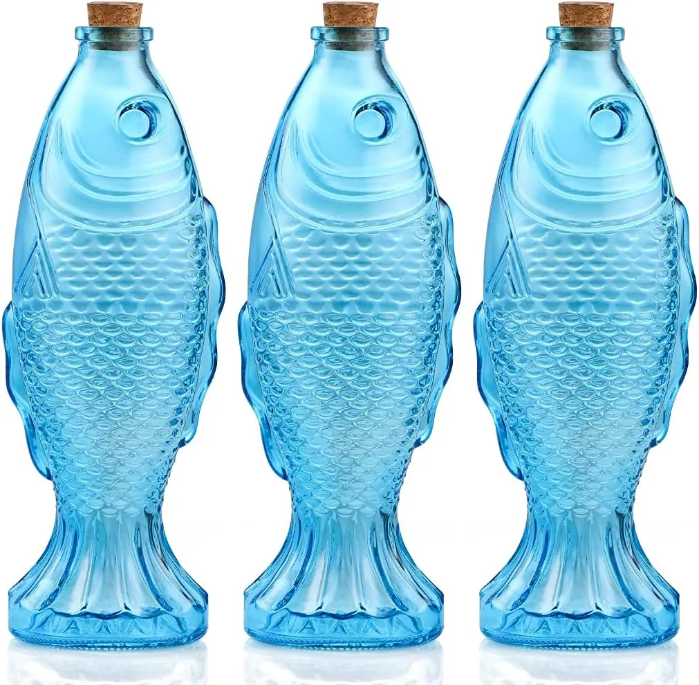 MDLUU 3-Pack Fish Shaped Glass Bottles, Decorative Bottles with Cork Stopper, Fish Decanters for Gift, Bar, Home Decor, Capacity 500ml/17.5oz (Blue)