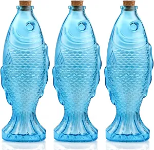 MDLUU 3-Pack Fish Shaped Glass Bottles, Decorative Bottles with Cork Stopper, Fish Decanters for Gift, Bar, Home Decor, Capacity 500ml/17.5oz (Blue)