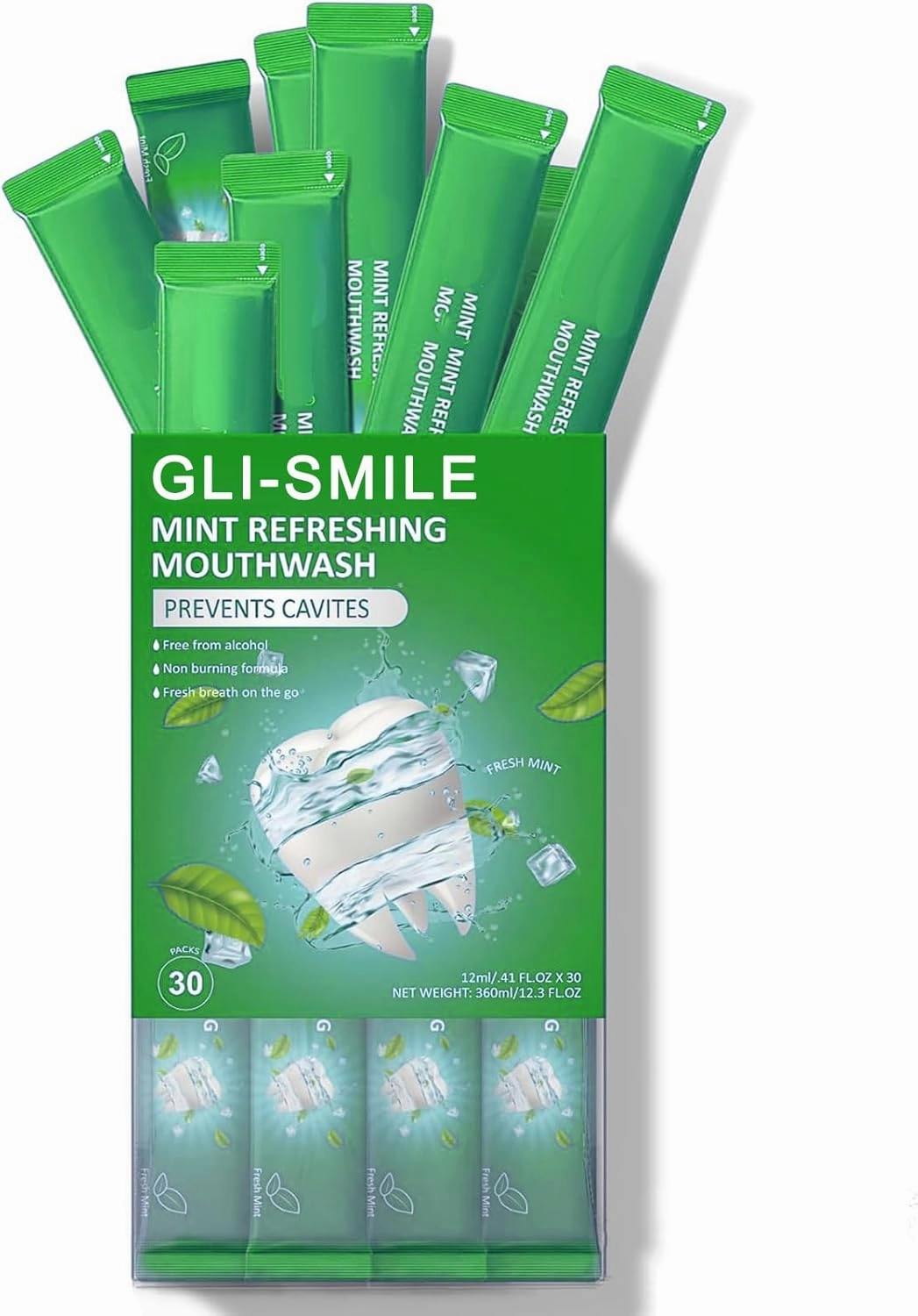 Mint Refreshing Mouthwash, Alcohol-Free, 30 Single-Use Packets, Cavity Prevention, Fresh Breath