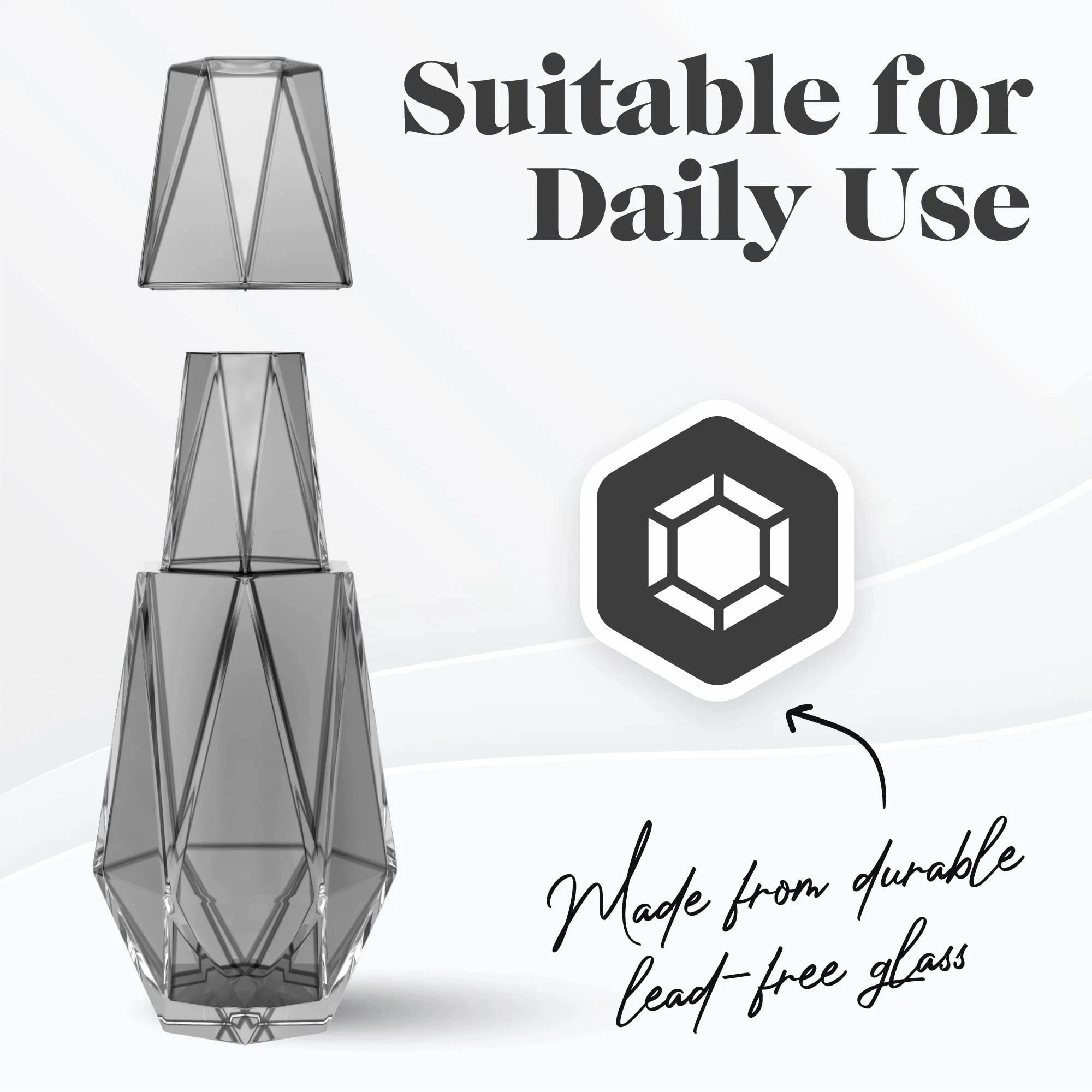 Modern Geometric Bedside Carafe, 2-Piece Set - Bedside Water Carafe Glass Carafe with Cup That Doubles as Lid, Bedside Water Carafe and Glass Set, Grey (37Oz)