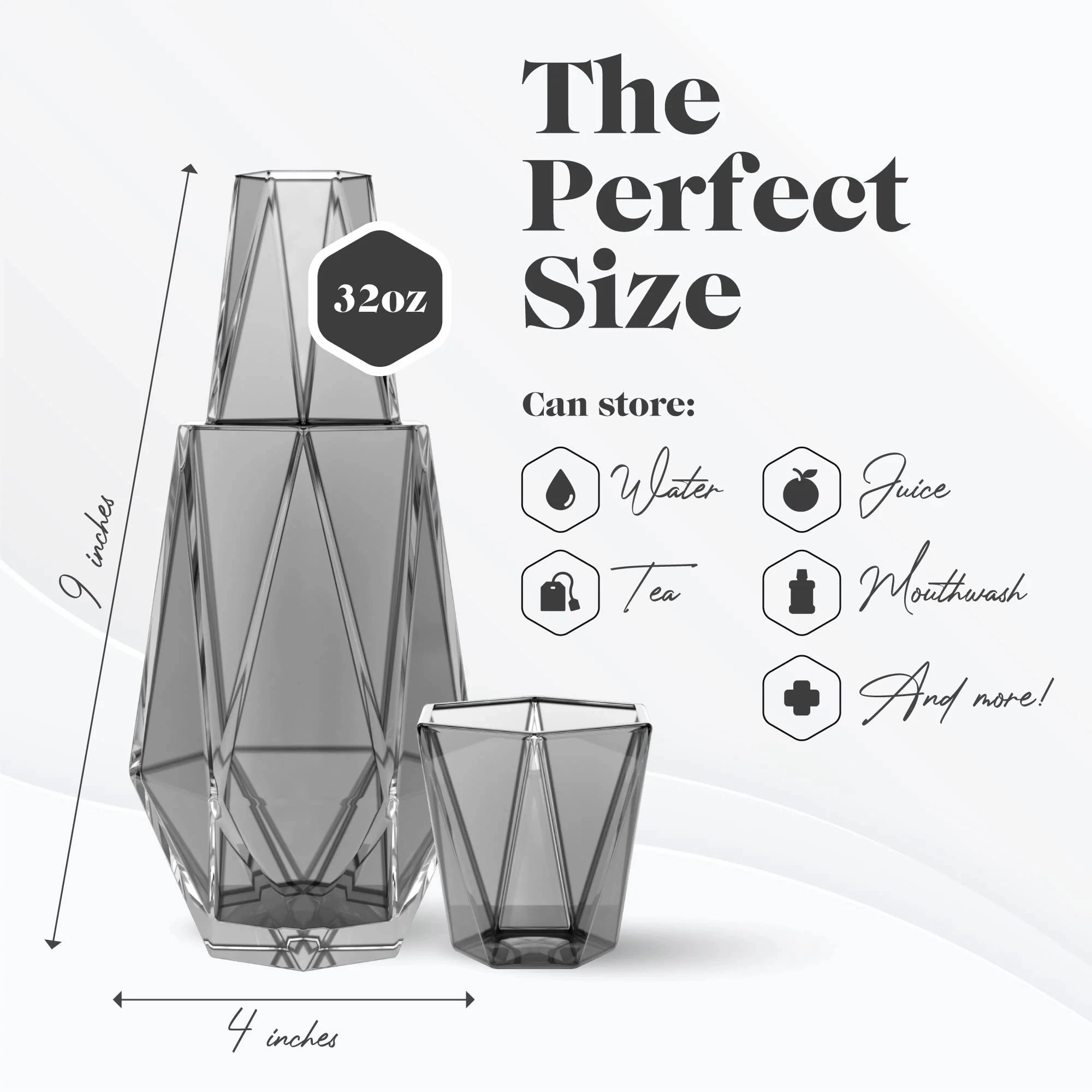 Modern Geometric Bedside Carafe, 2-Piece Set - Bedside Water Carafe Glass Carafe with Cup That Doubles as Lid, Bedside Water Carafe and Glass Set, Grey (37Oz)