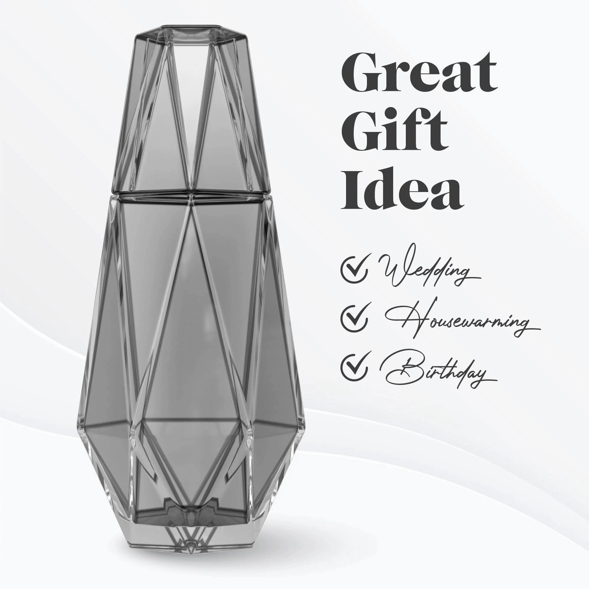 Modern Geometric Bedside Carafe, 2-Piece Set - Bedside Water Carafe Glass Carafe with Cup That Doubles as Lid, Bedside Water Carafe and Glass Set, Grey (37Oz)