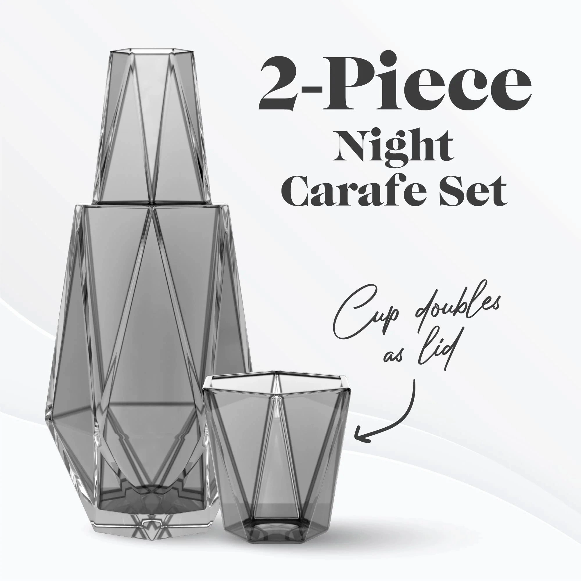 Modern Geometric Bedside Carafe, 2-Piece Set - Bedside Water Carafe Glass Carafe with Cup That Doubles as Lid, Bedside Water Carafe and Glass Set, Grey (37Oz)