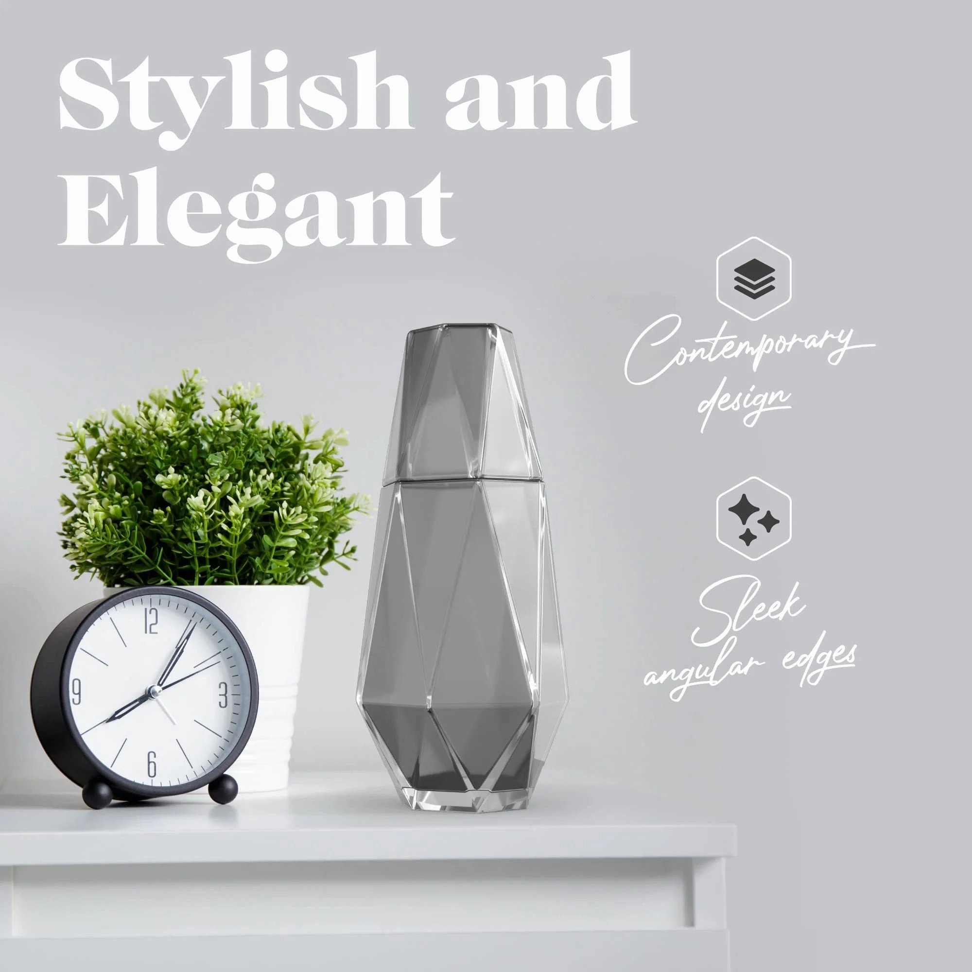 Modern Geometric Bedside Carafe, 2-Piece Set - Bedside Water Carafe Glass Carafe with Cup That Doubles as Lid, Bedside Water Carafe and Glass Set, Grey (37Oz)