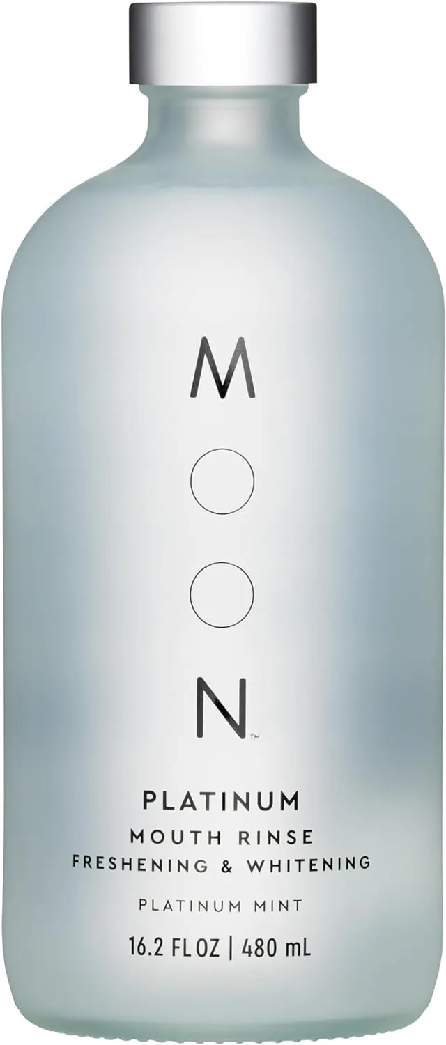 MOON Platinum Whitening Mouth Rinse - Teeth Whitening Mouth Wash for Adults - Alcohol & Fluoride Free - with Hyaluronic Acid & Aloe Vera to Nourish a Healthy Microbiome - Platinum Mint (16.2 Fl Oz)