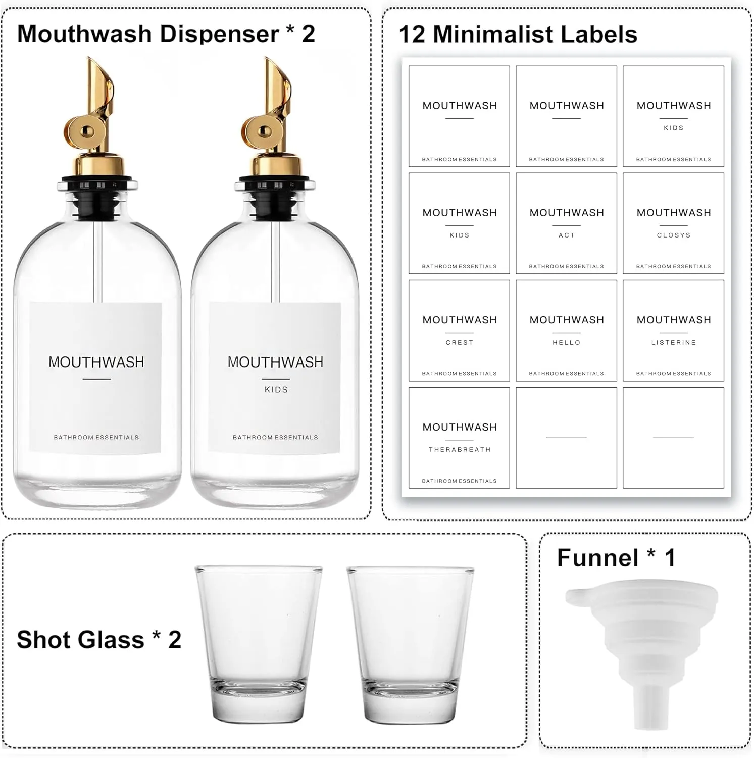 Mouthwash Dispenser for Bathroom, 12.7 oz, 2 Pack - Glass Mouthwash Bottle with 304 Stainless Steel Spout & Minimalist Labels, Style Mouthwash Container, Gold