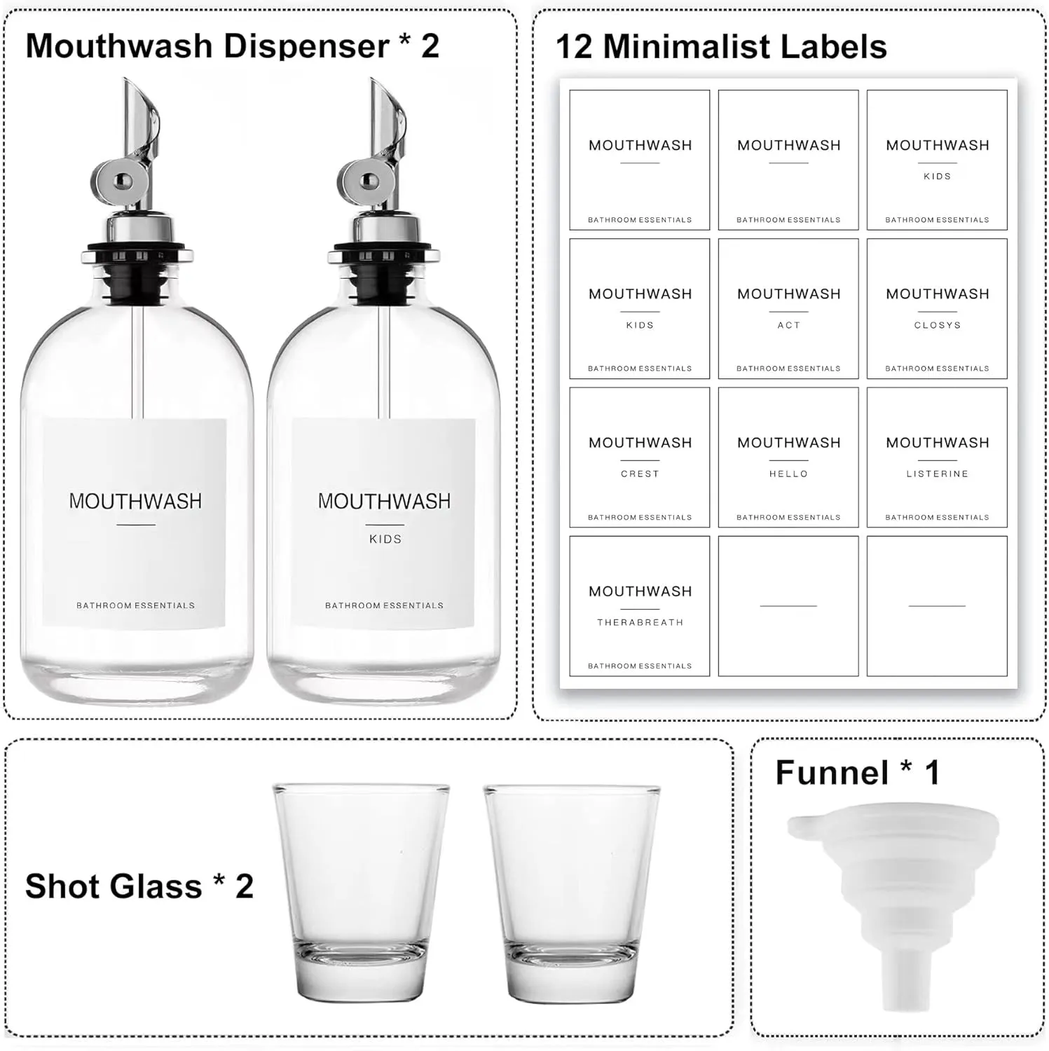 Mouthwash Dispenser for Bathroom, 12.7 oz, 2 Pack - Glass Mouthwash Bottle with 304 Stainless Steel Spout & Minimalist Labels, Style Mouthwash Container, Silver