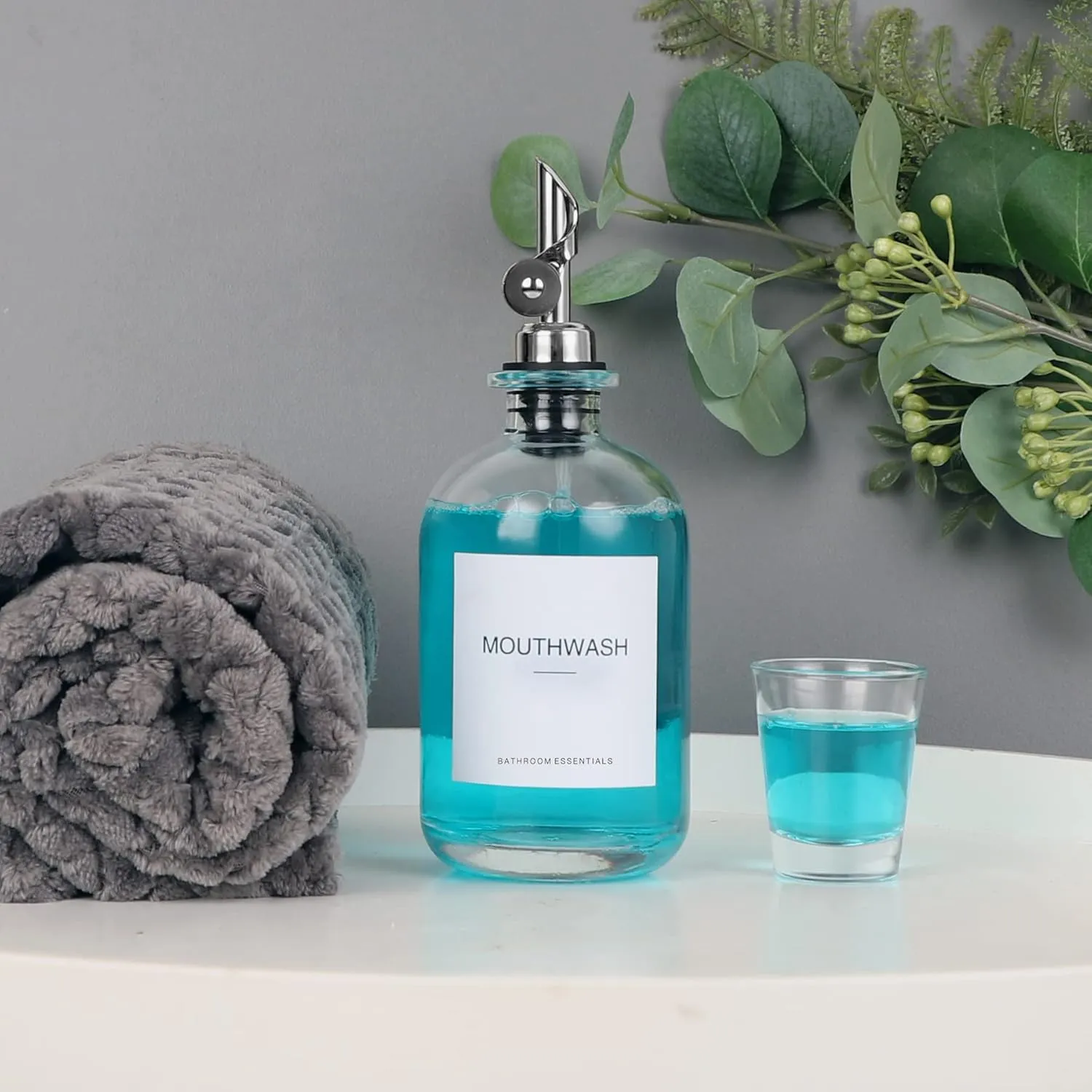 Mouthwash Dispenser for Bathroom, 12.7 oz, 2 Pack - Glass Mouthwash Bottle with 304 Stainless Steel Spout & Minimalist Labels, Style Mouthwash Container, Silver