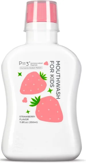 Mouthwash for Kids P113  Peptide Anti Cavity Mouth Rinse Alcohol Free for Teeth and Gums Safe Oral Hygiene for Newborn to Toddler 11.08 fl oz (11.08 Fl oz, Strawberry)