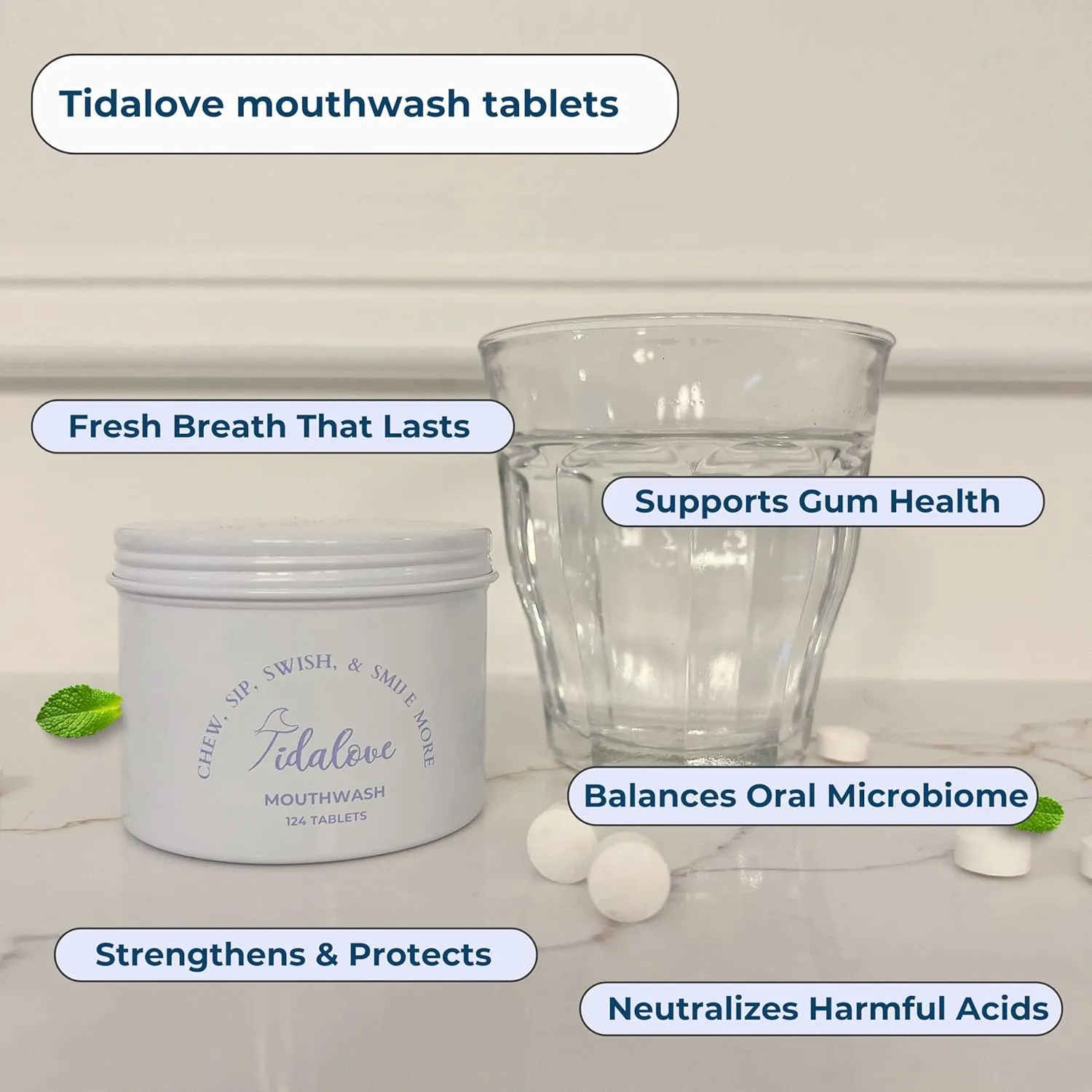 Mouthwash Tablets - Alcohol-Free, Eco-Friendly, Travel-Friendly, with Nano-HA & Green Tea for Fresh Breath and Enamel Protection - 124 Tablets (Tin)
