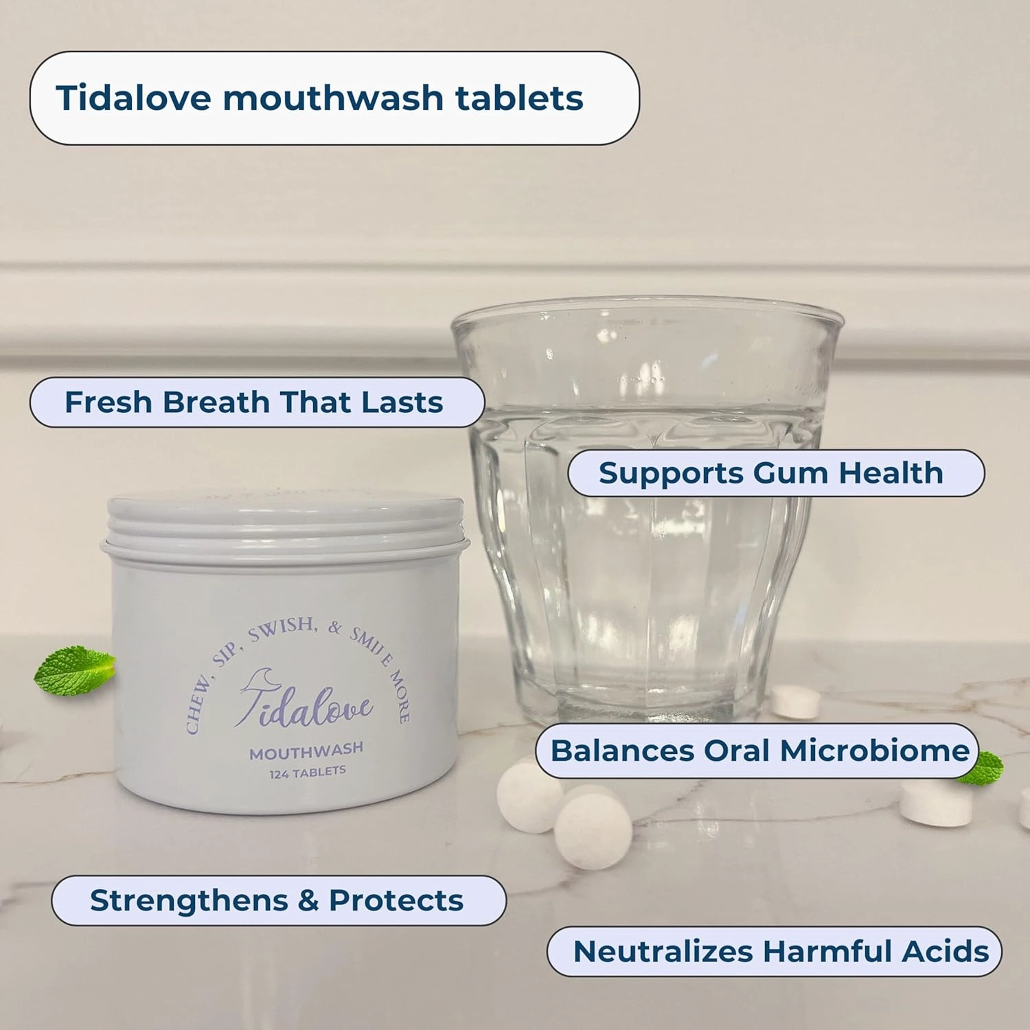 Mouthwash Tablets - Alcohol-Free, Eco-Friendly, Travel-Friendly, with Nano-HA & Green Tea for Fresh Breath and Enamel Protection - 124 Tablets (Tin)