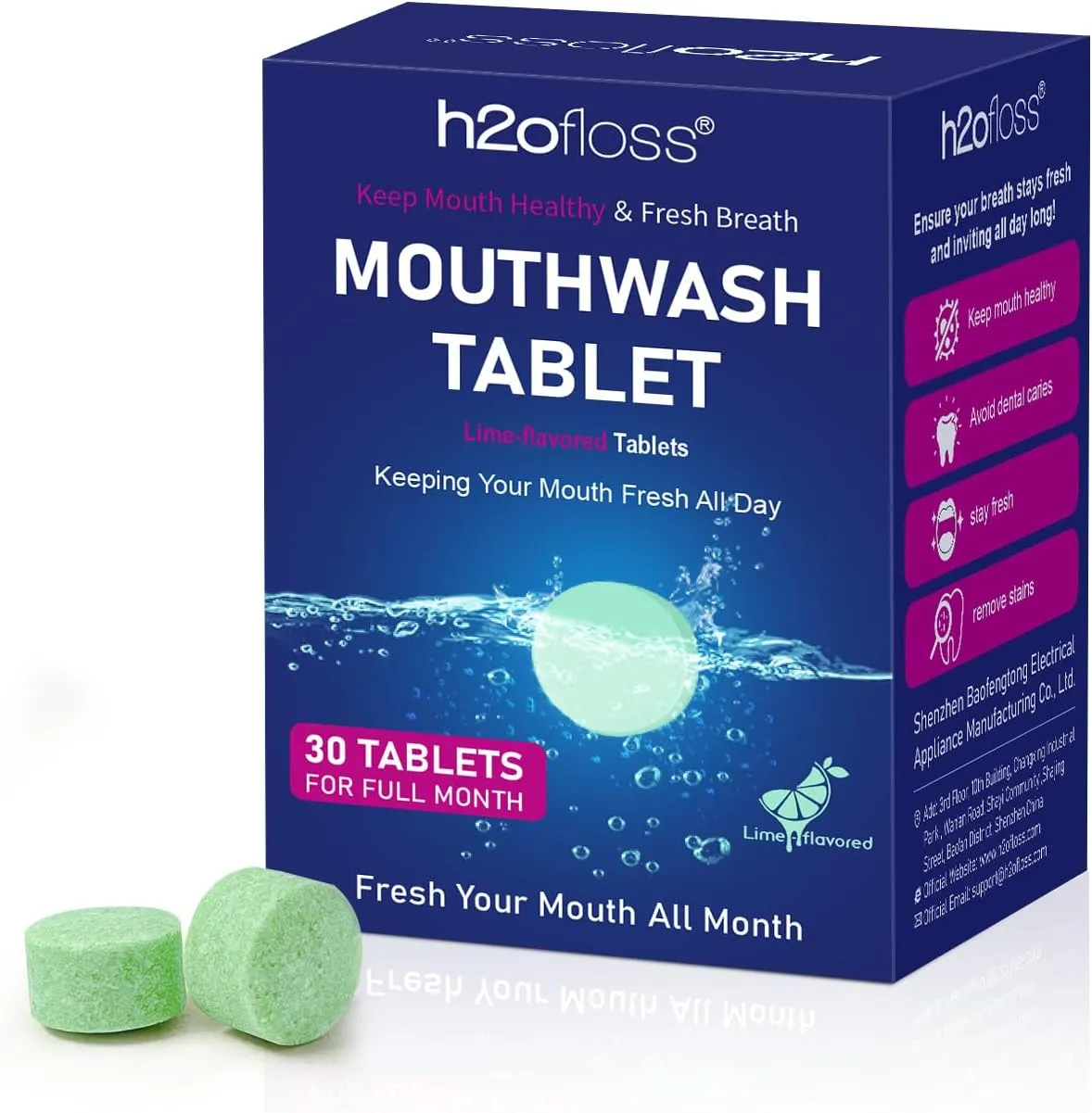 Natural Fresh Breath Mouthwash Tablets- H2ofloss Fluoride/Alcohol Free Travel Mouthwash Tabs for Extra Freshneses, Plaque Removal & Gum Protection, Refreshing Lime-Flavored (30 Tablets)