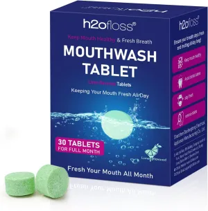 Natural Fresh Breath Mouthwash Tablets- H2ofloss Fluoride/Alcohol Free Travel Mouthwash Tabs for Extra Freshneses, Plaque Removal & Gum Protection, Refreshing Lime-Flavored (30 Tablets)
