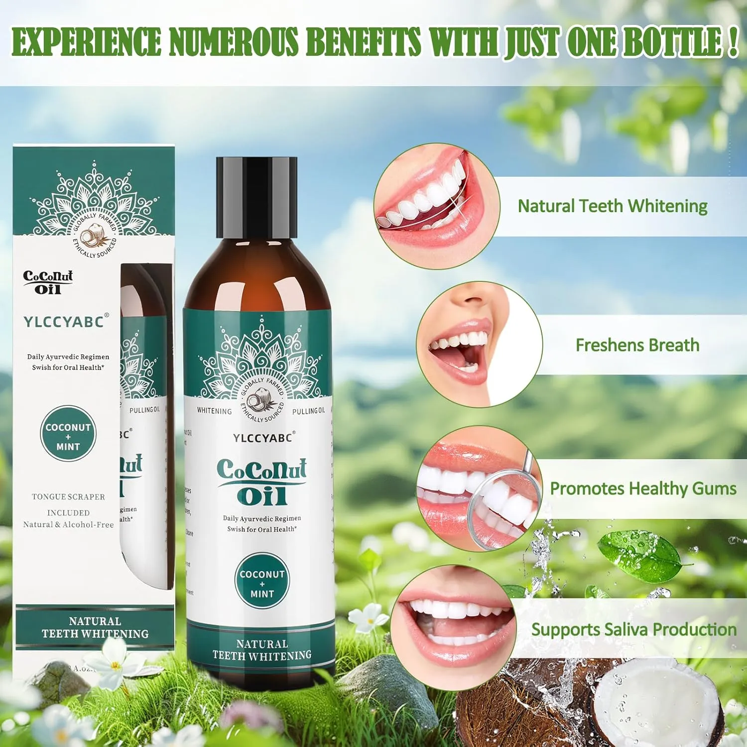 Natural mouthwash (24 Fl Oz),Mint Oil Pulling Mouthwash with Tongue Scraper Natural Pulling Oil with Coconut & Peppermint Oil Teeth Whitening & Fresh Breath