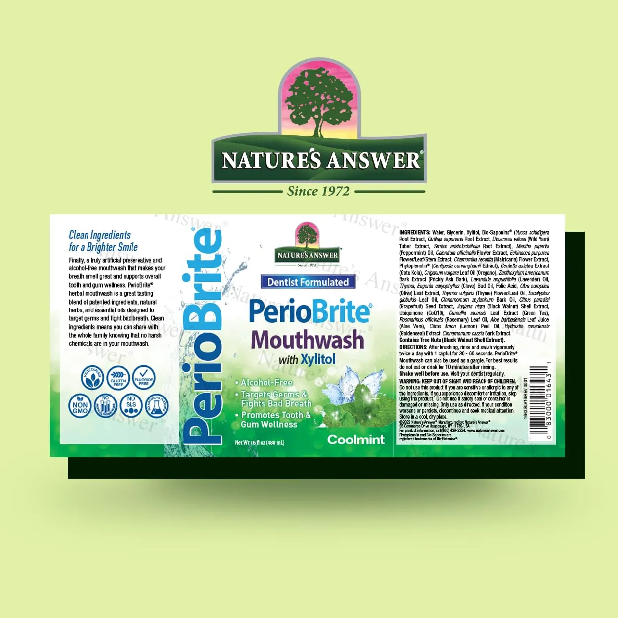 Nature's Answer Periobrite Cool Mint All-Natural Mouthwash | Promotes Healthy Teeth & Gums | Fights Bad Breath | Flouride-Free, Alcohol-Free & Gluten-Free | No Articial Preservatives 16oz (2 Pack)