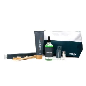 Nudge Oral Care Kit – Complete Set with Mint Toothpaste, Bamboo Toothbrushes, Mouthwash Concentrate, Silk Floss & Reusable Bag