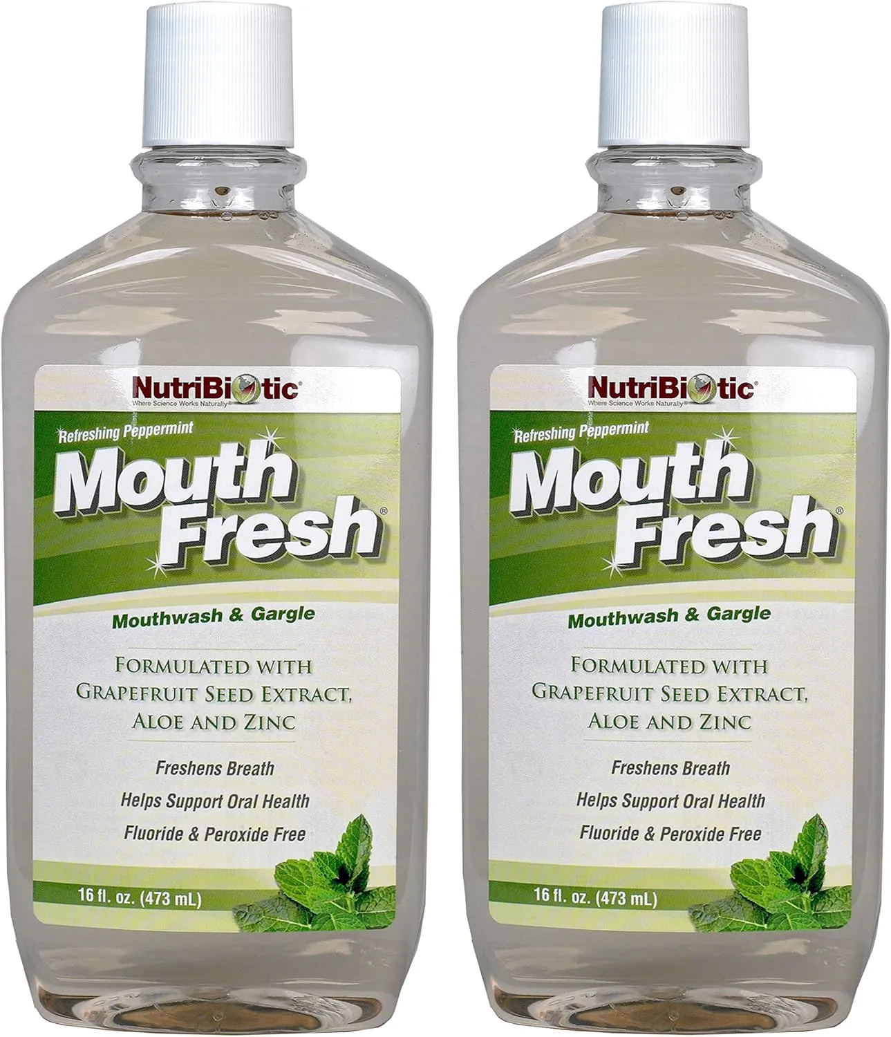 NutriBiotic MouthFresh, Refreshing Peppermint 16 Oz. Twin Pack | Natural Mouthwash & Gargle with Grapefruit Seed Extract, Aloe, Zinc & Witch Hazel | Fluoride-Free & Made Without GMOs & Gluten