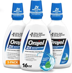 Orajel Nonseptic Mouth Sore Rinse 16oz, Soothing Mint Flavor, Provides Pain Relief, Promotes Healing, 3-Pack