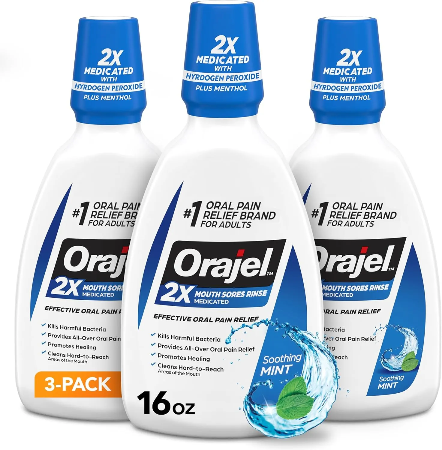 Orajel Nonseptic Mouth Sore Rinse 16oz, Soothing Mint Flavor, Provides Pain Relief, Promotes Healing, 3-Pack
