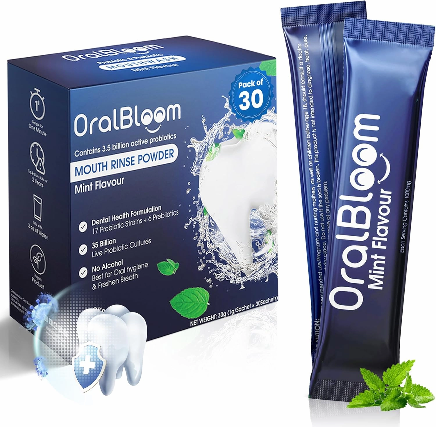 Oral Bloom Dentel Probiotic & Prebiotic Mouthwash | Mint Flavor | 35 Billion CFUs | 17 Probiotic Strains   6 Prebiotics | Concentrated Powder Formula | 30 Pack | Advanced Dental Health Support