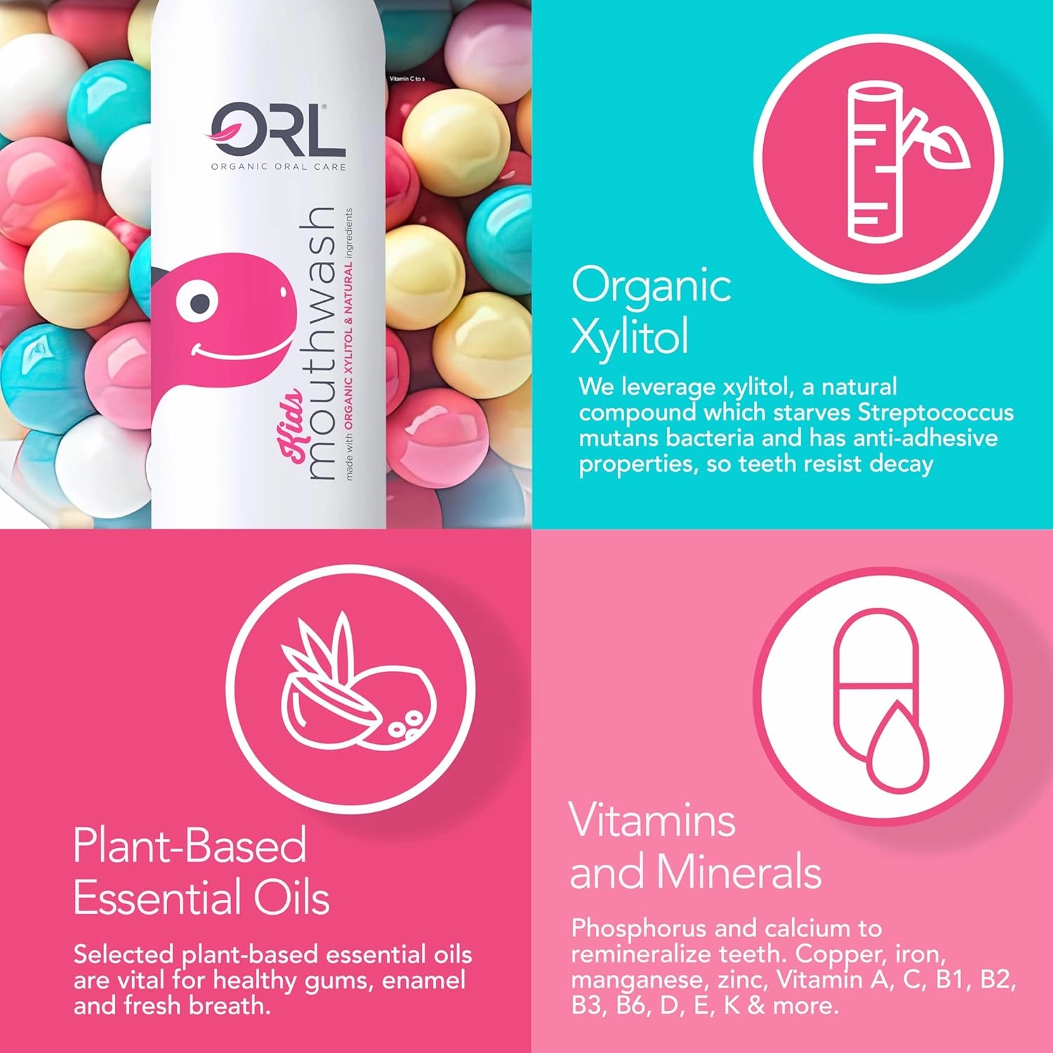 ORL Kids Natural & Organic Mouthwash Uniquely Formulated to Clean Your Mouth, Whiten Your Teeth Strengthen Tooth Enamel. Fluoride and Alcohol Free.