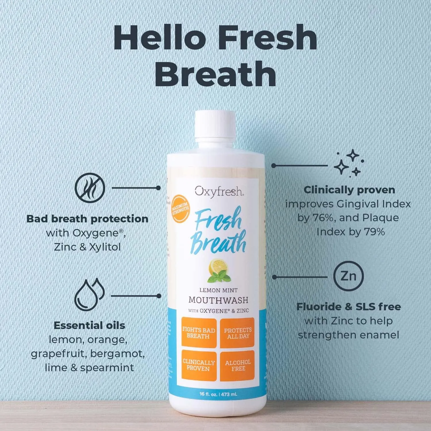 Oxyfresh Premium Lemon Mint Fresh Breath Mouthwash – Oral Rinse for Bad Breath – SLS & Fluoride Free Mouthrinse – Alcohol Free, Gentle Non Burning Mouthwash with Xylitol & Essential Oils, 16 oz