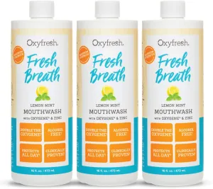Oxyfresh Premium Lemon Mint Fresh Breath Mouthwash – Oral Rinse for Bad Breath – SLS & Fluoride Free Mouthrinse – Alcohol Free, Gentle Non Burning Mouthwash with Xylitol & Essential Oils, 3 Pack 16 oz