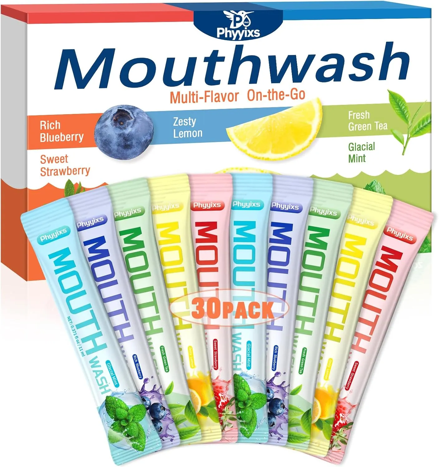 Portable Mouthwash Strips – 30 Packs, Assorted Flavors (Mint, Lemon, Strawberry, Green Tea, Blueberry), Alcohol-Free, Travel-Friendly for Fresh Breath Anytime