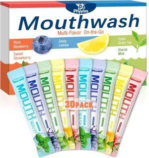 Portable Mouthwash Strips – 30 Packs, Assorted Flavors (Mint, Lemon, Strawberry, Green Tea, Blueberry), Alcohol-Free, Travel-Friendly for Fresh Breath Anytime