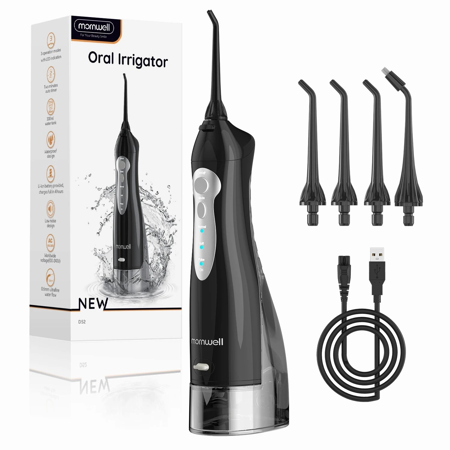 Portable Water Jet Dental Flosser Oral Irrigator USB Rechargeable Water Tooth Pick 4 Jet Tips 300ml and 3 Modes for Great Teeth Cleaning