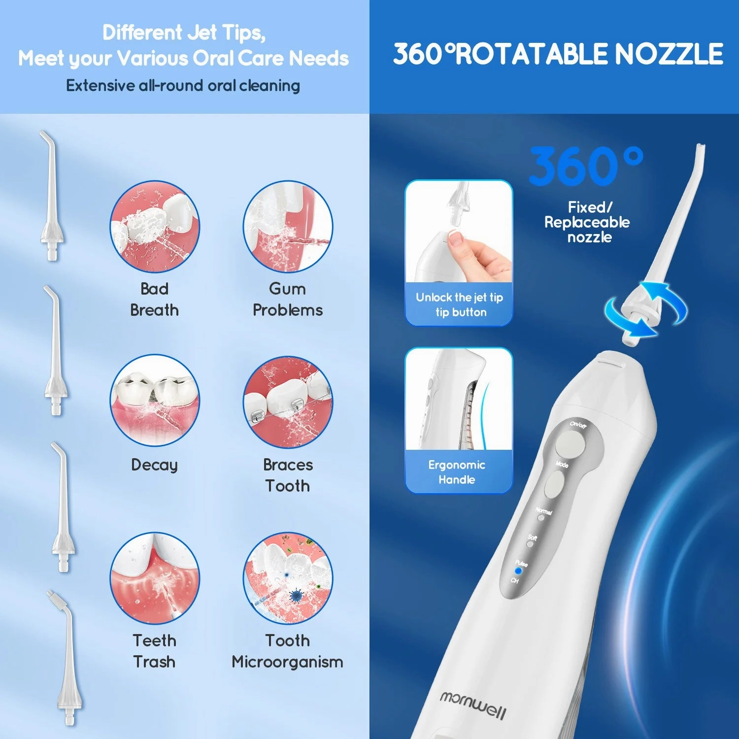 Portable Water Jet Dental Flosser Oral Irrigator USB Rechargeable Water Tooth Pick 4 Jet Tips 300ml and 3 Modes for Great Teeth Cleaning