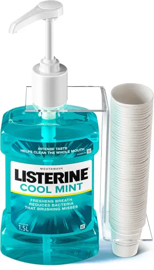 Practical Mouthwash Dispenser Specially Designed to Fit Only Listerine 1.5 or 1 L Bottles with Cups, Holder, and Pump.