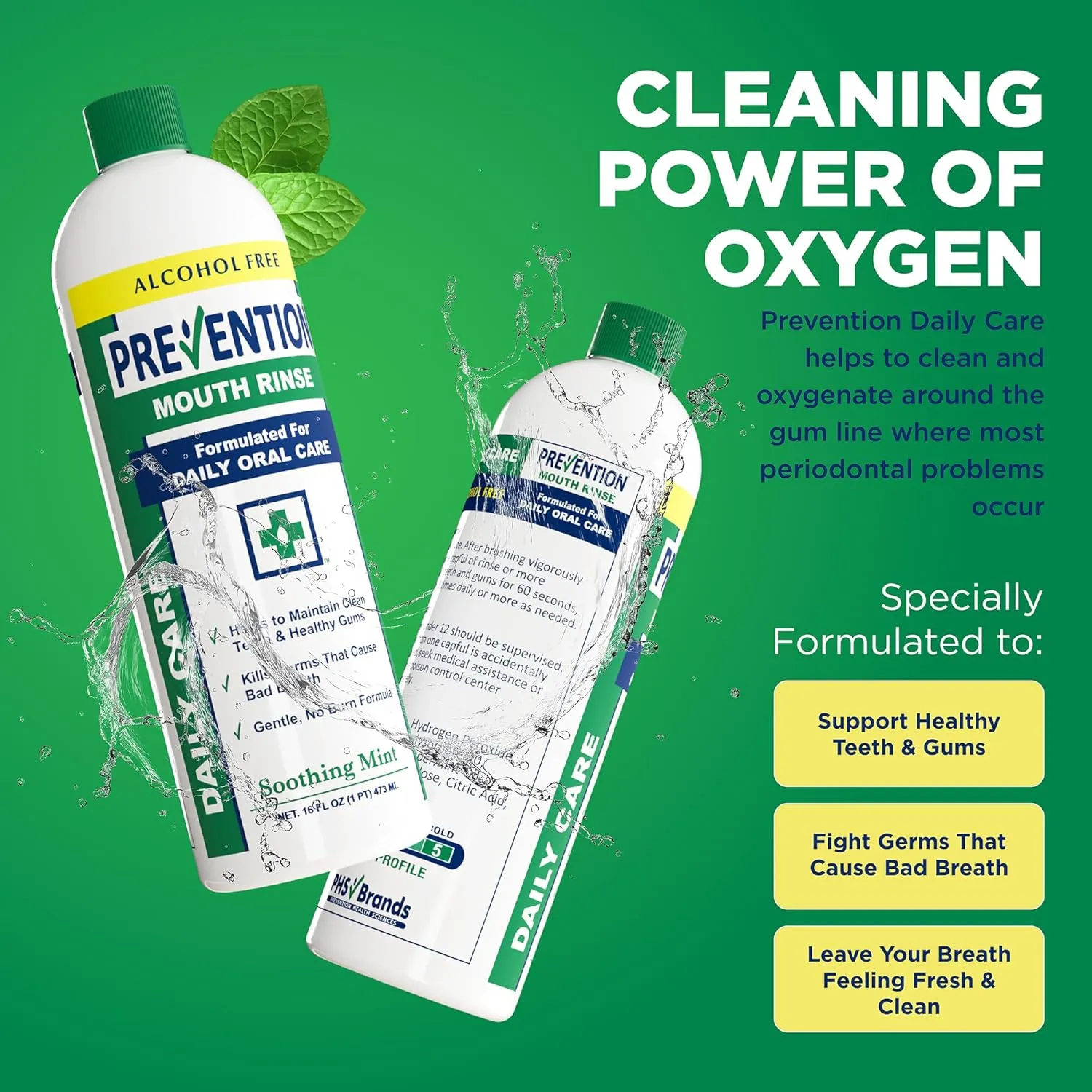 Prevention Daily Care Alcohol-Free Mouthwash, Hydrogen Peroxide Teeth Whitening with Soothing Fresh Mint for Bad Breath Treatment, Fluoride-Free Gum Care Oral Mouth Rinse 16 oz 2 Pack