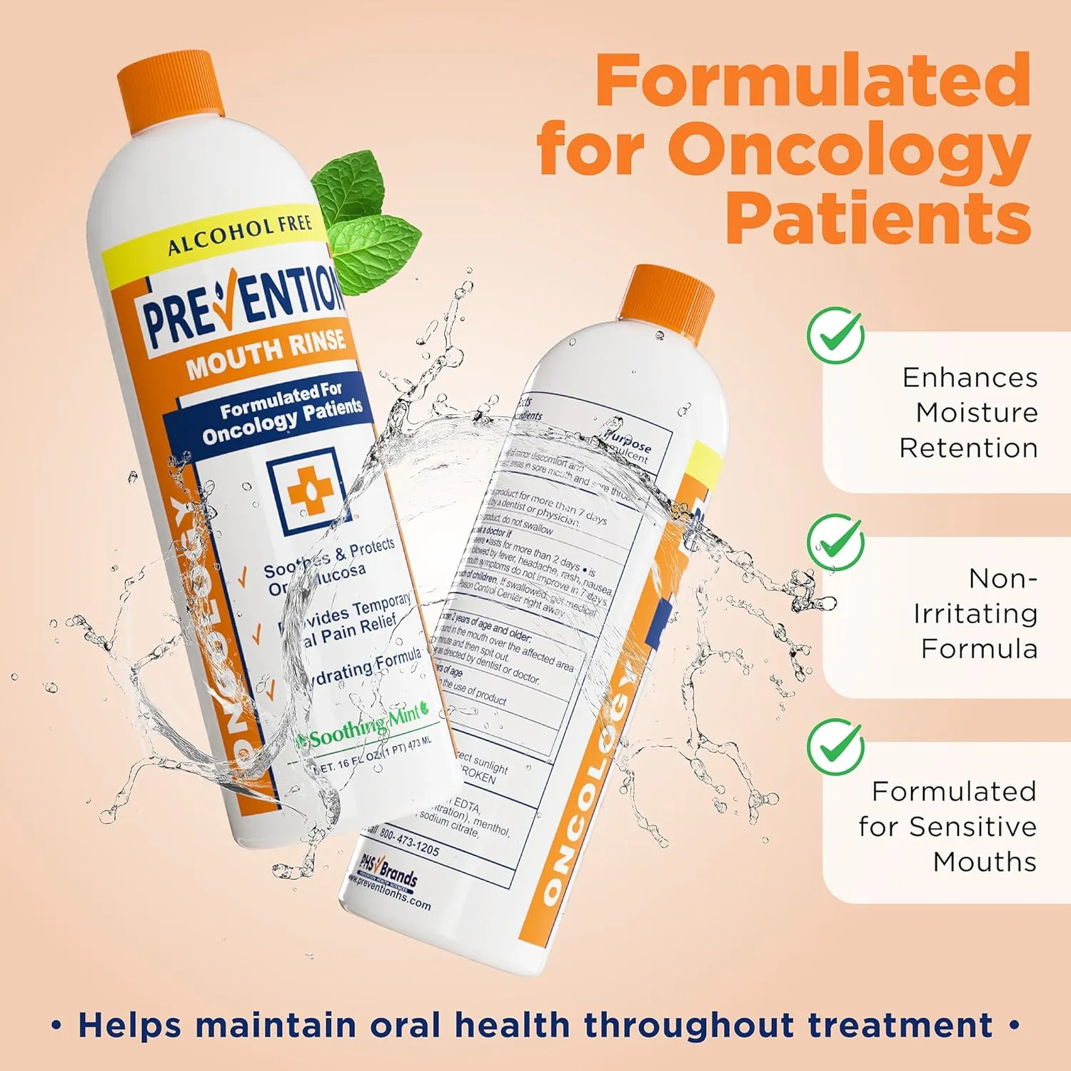 Prevention Oncology Alcohol Free Mouthwash, Soothing, Gentle, & Moisturizing, Mouthsore and Dry Mouth Mouthwash Specially Formulated for Patients Undergoing Oncology Treatment - 16 oz Bottle, 1-Pack